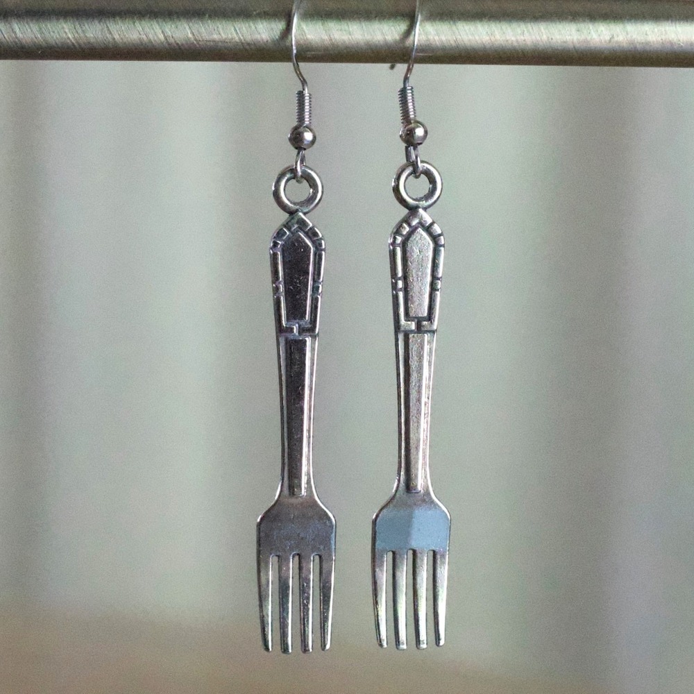 Handmade Silver Fork Earrings Miniature Cutlery Novelty Drop Dangle Foodie Chef